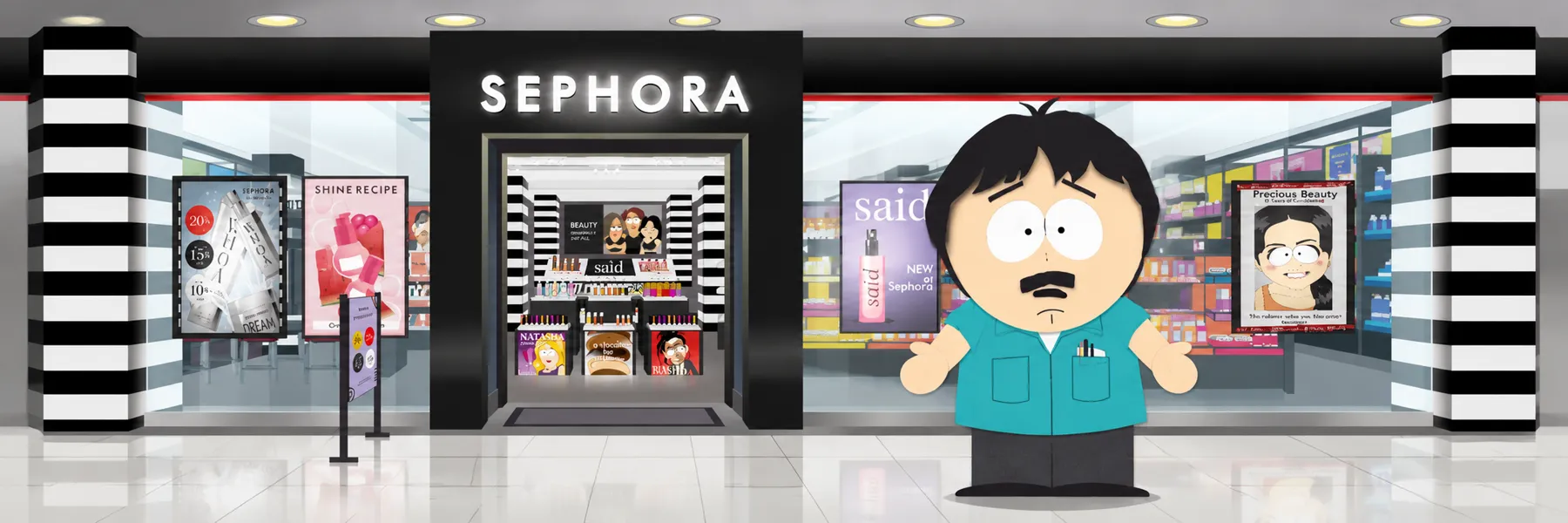 Randy standing confused in front of a beauty store in a mall